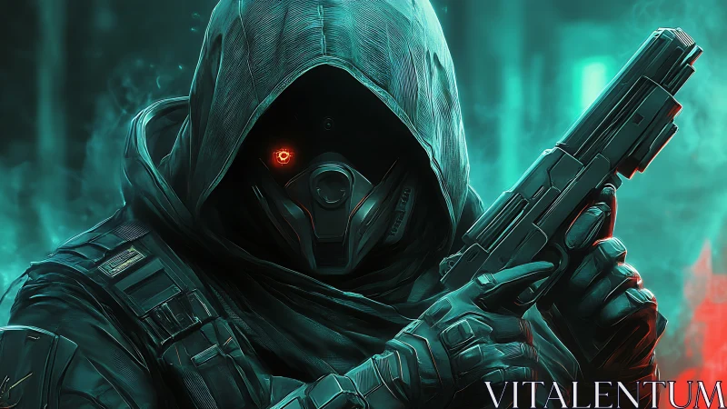 Neon shroud gunner stalks through cyan smoke and crimson glare.