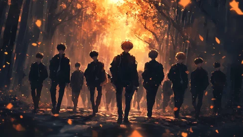 Autumn forest friends walking through glowing evening light.