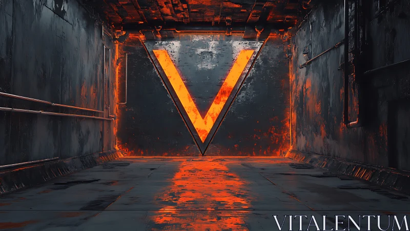 Industrial corridor with illuminated V-shaped wall symbol.