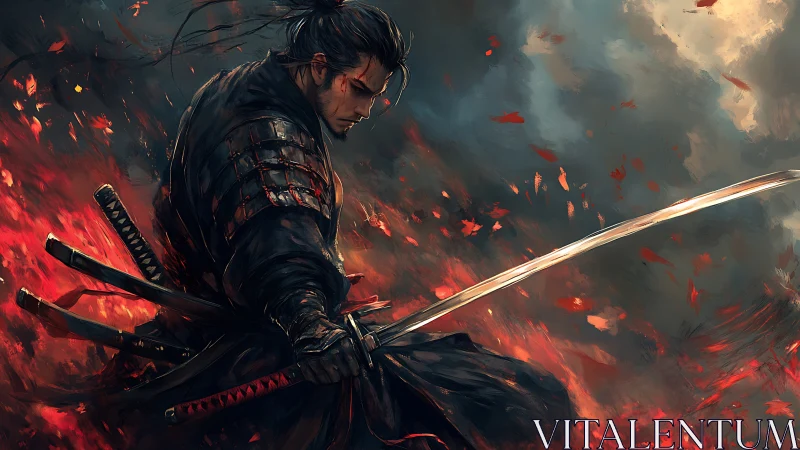 Lone samurai in stormlit embers holding a shining blade.