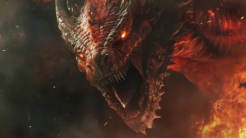 Infernal dragon roars amid swirling flame and flying embers.
