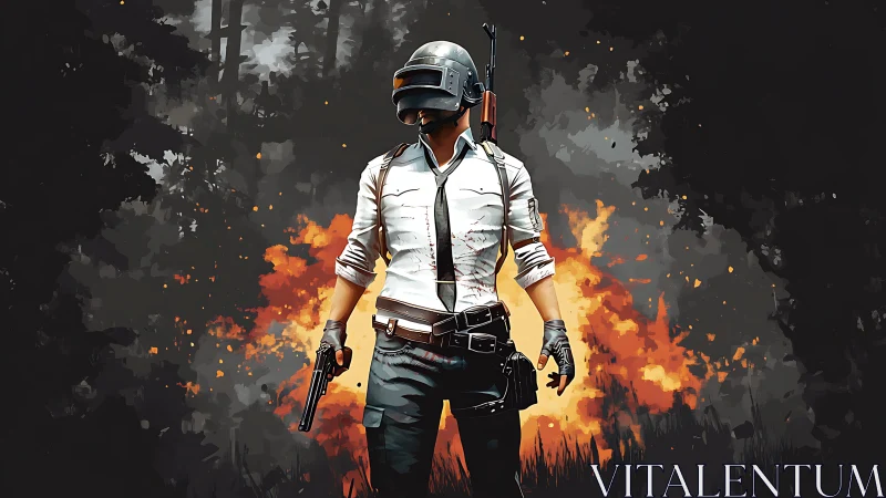 Helmeted armed figure stands before stylized explosion