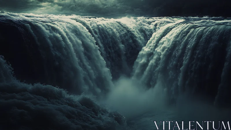 Storm-lit twin waterfalls pouring into a misty abyss.