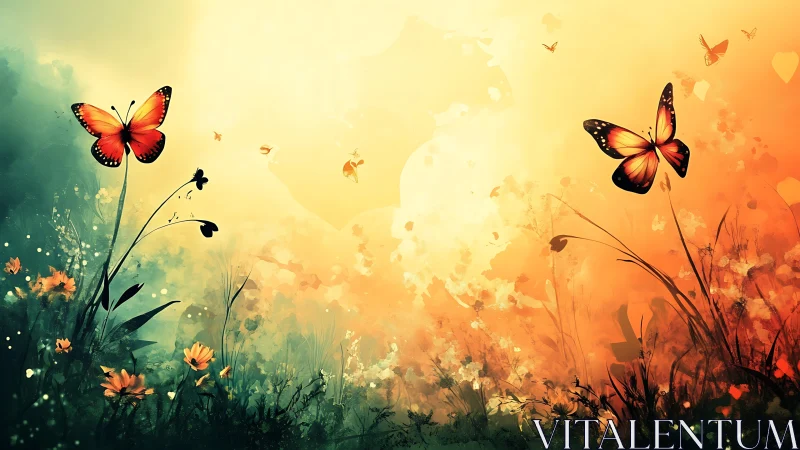 Sunlit meadow with orange butterflies in dreamy bloomscape.