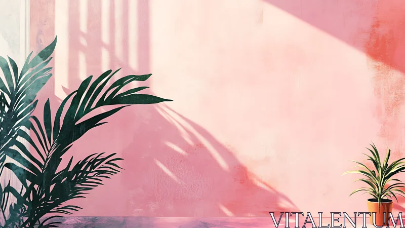 Sunlit tropical plants casting bold shadows on pink wall.