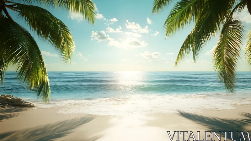 Tropical shoreline frames luminous sunset over calm sea.