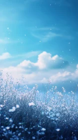 High-key blue meadow under cumulus sky with drifting petals