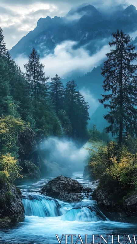 Misty mountain river with cascading blue water and pines.