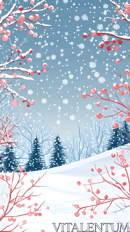 Winter berries frame snowy hill under drifting snowflakes.