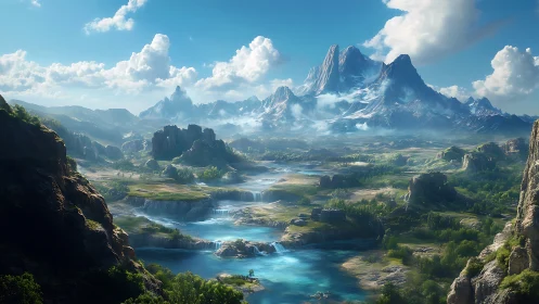 Sunlit valley rivers beneath towering dreamlike peaks.
