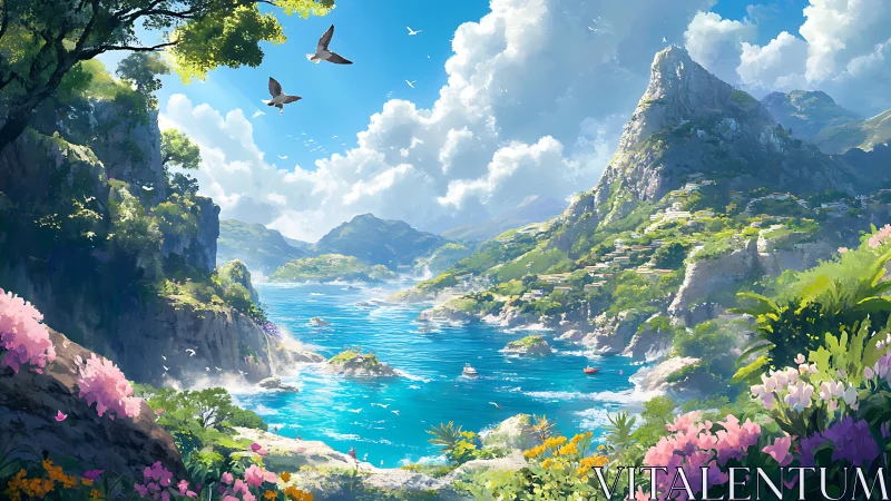 Panoramic coastal valley with terraced cliffs and vivid flora.