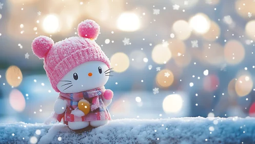 Tiny winter explorer in pink hat listens quietly to snowfall