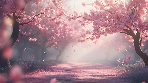 Cherry blossom lane with soft mist and drifting petals.