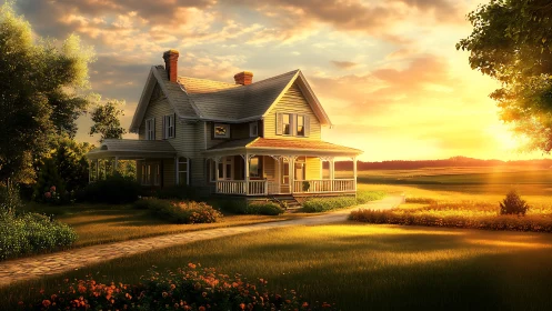 Sunlit rural farmhouse rendered in warm cinematic realism