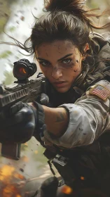 Female soldier aiming rifle in dynamic combat environment.