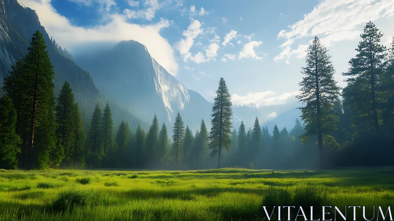 Morning mist crowns a pine valley beneath towering cliffs.