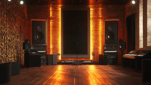 Amber-lit brick studio cradles towering speakers and soundscapes.