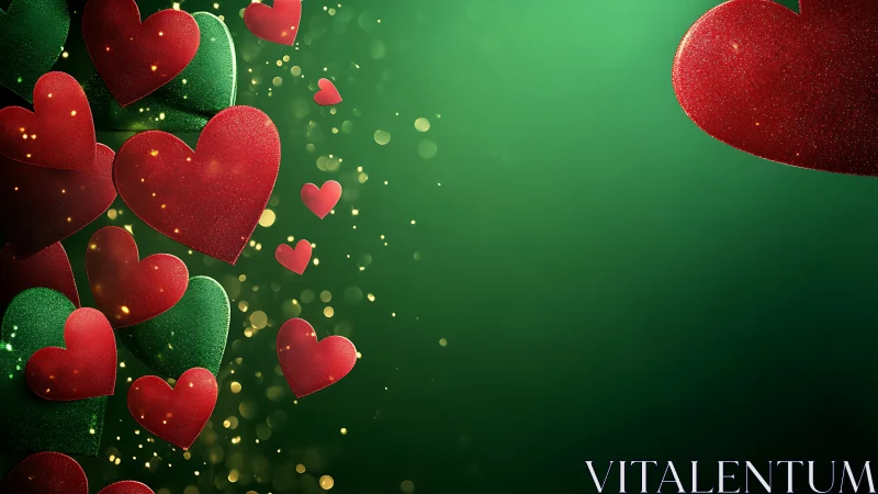 Red and Green Glowing Hearts on Emerald Background