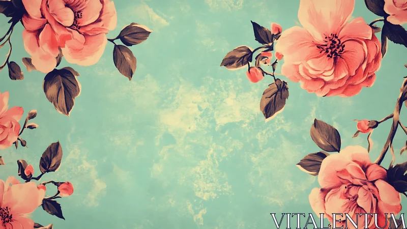 Coral Blooms Against Turquoise Sky with Botanical Foliage