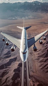 Passenger jet ascends above desert runway toward distant peaks