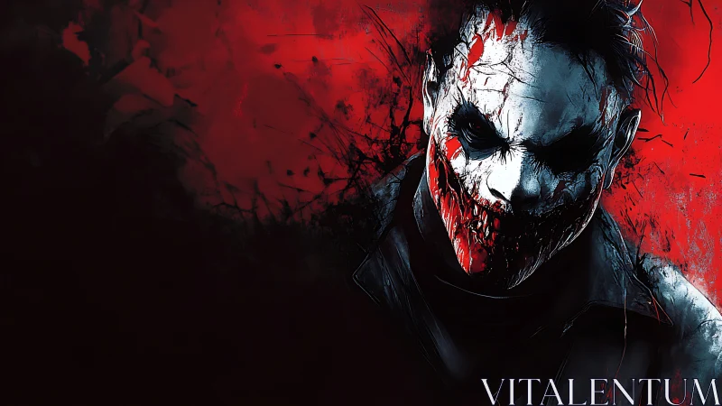 Sinister clown figure emerges from chaotic red shadows