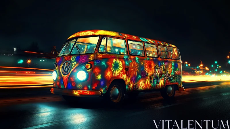 Psychedelic microbus on urban roadway at night in motion.
