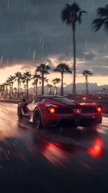 Red supercar glides through rainy palm-lined city street