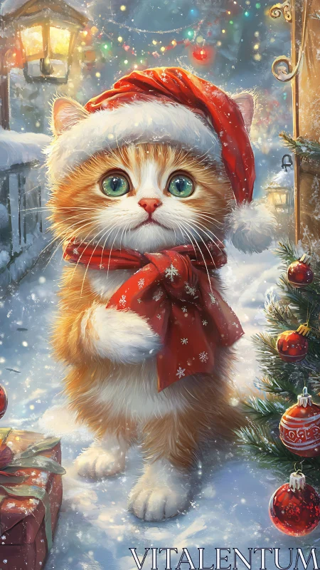 Sweet Christmas kitten gently welcomes cozy winter magic