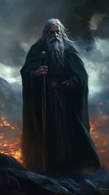 Storm-worn wizard walks calmly through a fiery mountain pass
