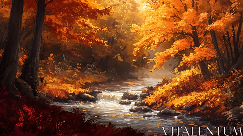 Golden Forest Stream Where Autumn Ignites the Woodland.