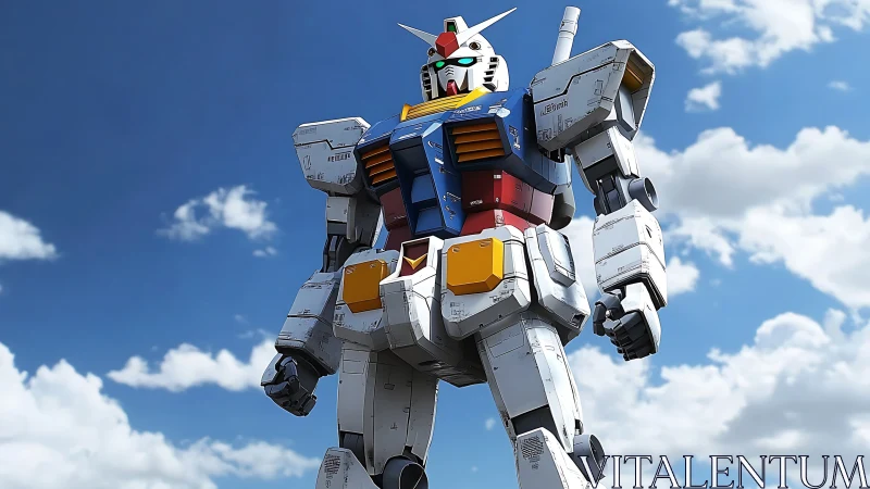 3D mecha hero under expansive sky in low-angle perspective.