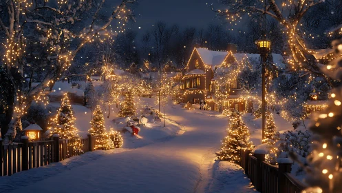 Snowy village street glows with warm Christmas lights at dusk