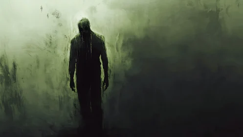 Silhouetted human figure in green fog with blurred contours.