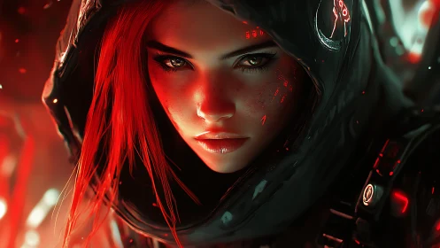 Cybernetic red‑lit hacker portrait with hooded femme operative