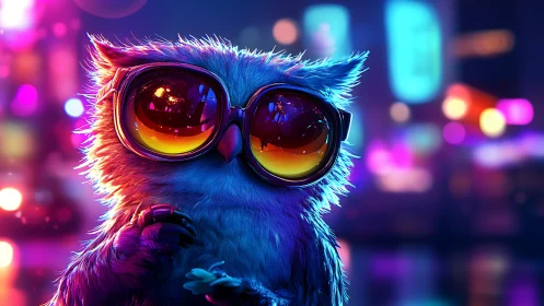 Neon city owl in oversized sunset glasses at night.