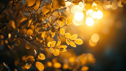 Golden autumn leaves in soft sunlight with dreamy bokeh effect.