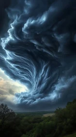 Helical supercell vortex over forested horizon, high detail.