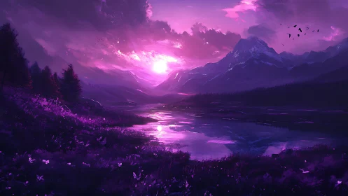 Dreamy violet sunset over peaceful mountain lake.