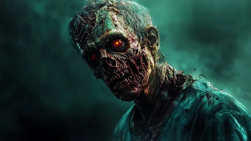 Decayed zombie portrait with glowing eyes in teal fog.