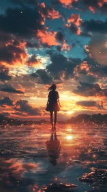 Silhouette stands on reflective water under vivid sunset clouds