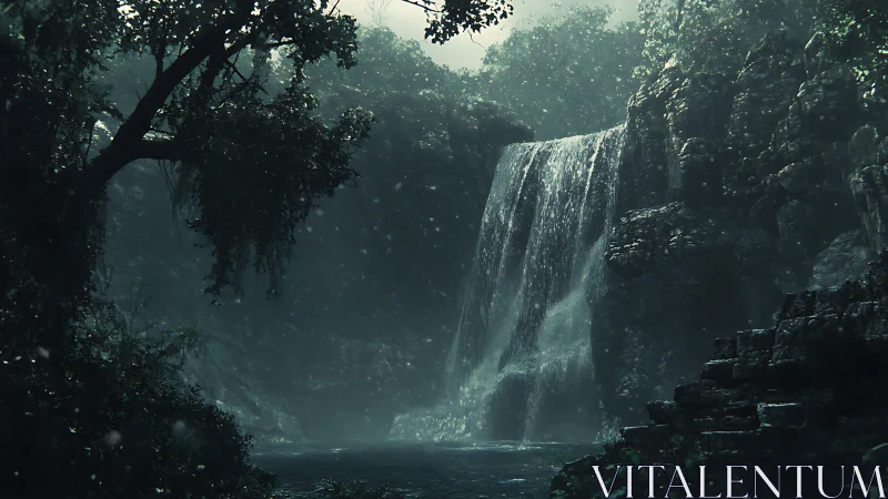 Mystical Waterfall Cascading Through Primordial Forest Mist.