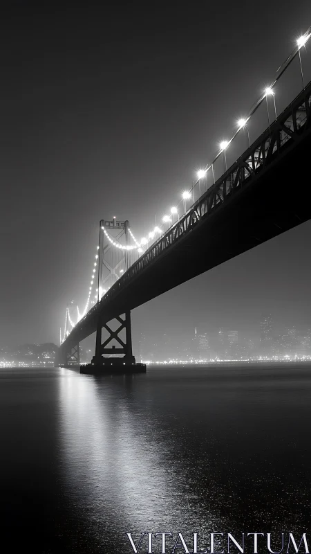 Monochrome suspension bridge at night with luminous reflections