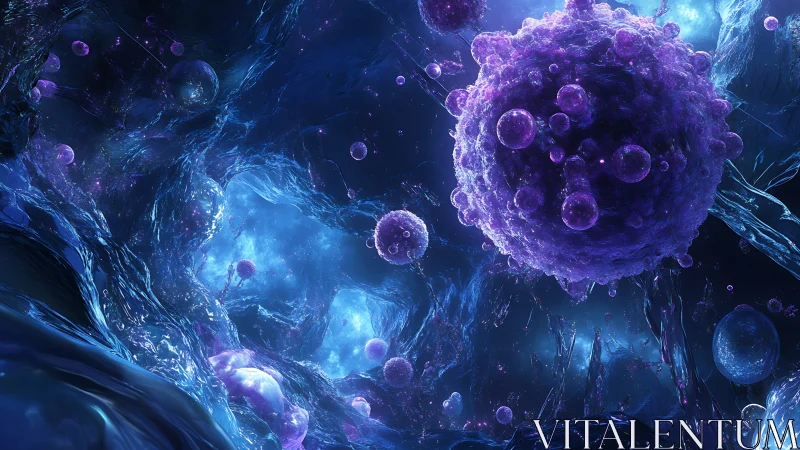 Violet bio-luminescent spheres drift through crystalline void