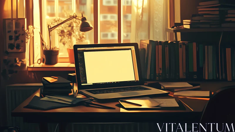 Warm home workspace glows under soft late afternoon light.