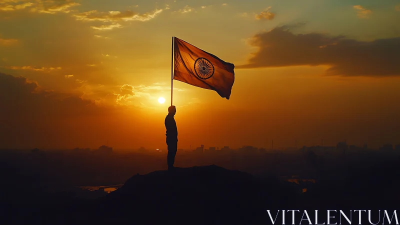 Silhouette with Indian flag against fiery urban sunset sky.