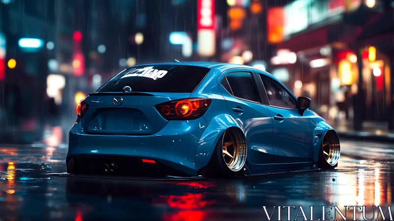 Lowered blue hatchback gleams on wet neon city street at night.