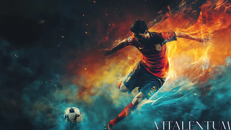 Fiery soccer striker bursts through swirling blue smoke.