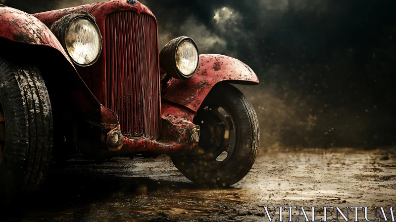 Dust-streaked vintage roadster growls through storming mud.