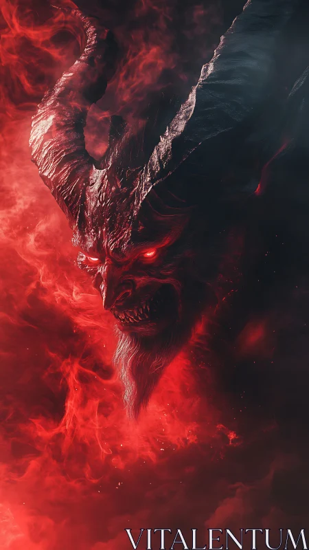 Dramatic horned demon emerging from swirling red mist.