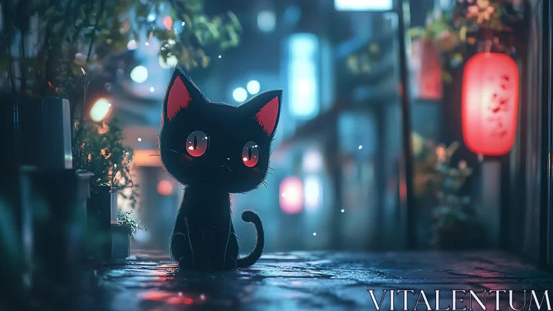 Neon-eyed black cat waits calmly in a rainy city alley.